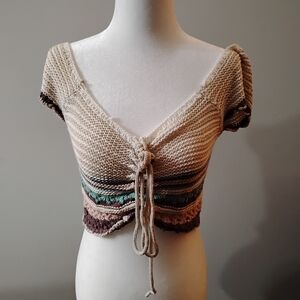 Fashion Nova Beige Cropped Tie-Front Knit Top with Stripe Accents